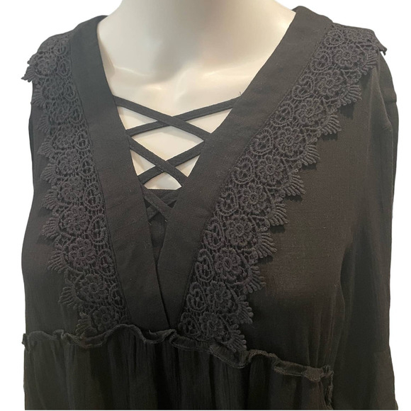 L Love Womens Flowy Dress Size S Black 100% Rayon Lined Lace-Up Neckline - Picture 2 of 11